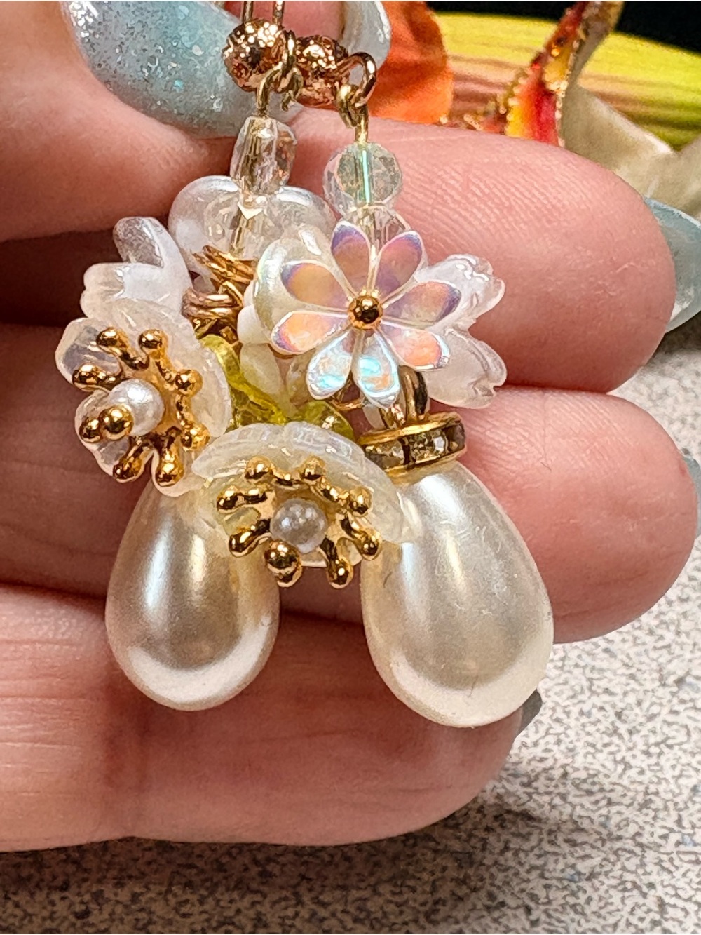 Pearl Drop Floral Cluster Earrings - Gold Accents